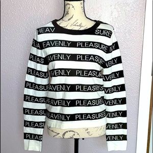 FOREVER21 black/white striped sweater saying “Heavenly”